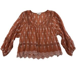 American Eagle Blouse Womens Size Medium Burnt Orange Embroidered Floral